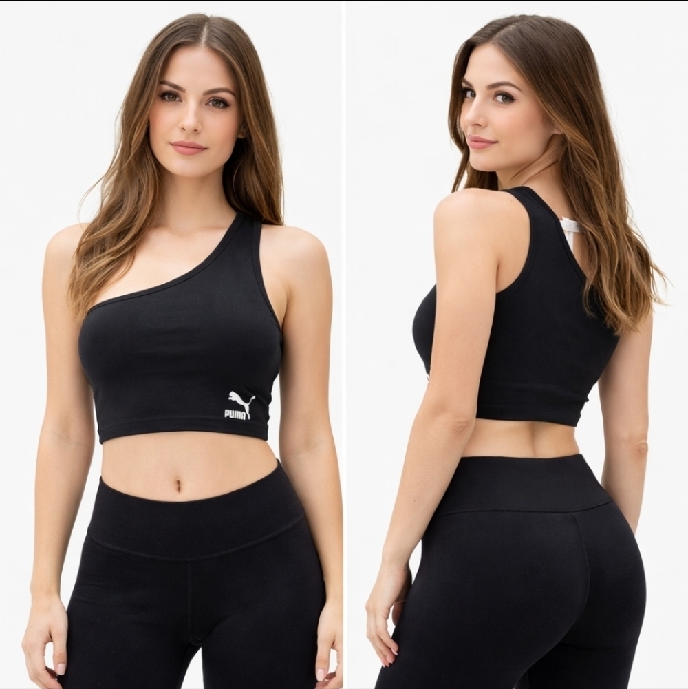 Puma Black One-Shoulder Crop Sports Bra NWT Gorpcore Yoga Pilates Golf Lounge